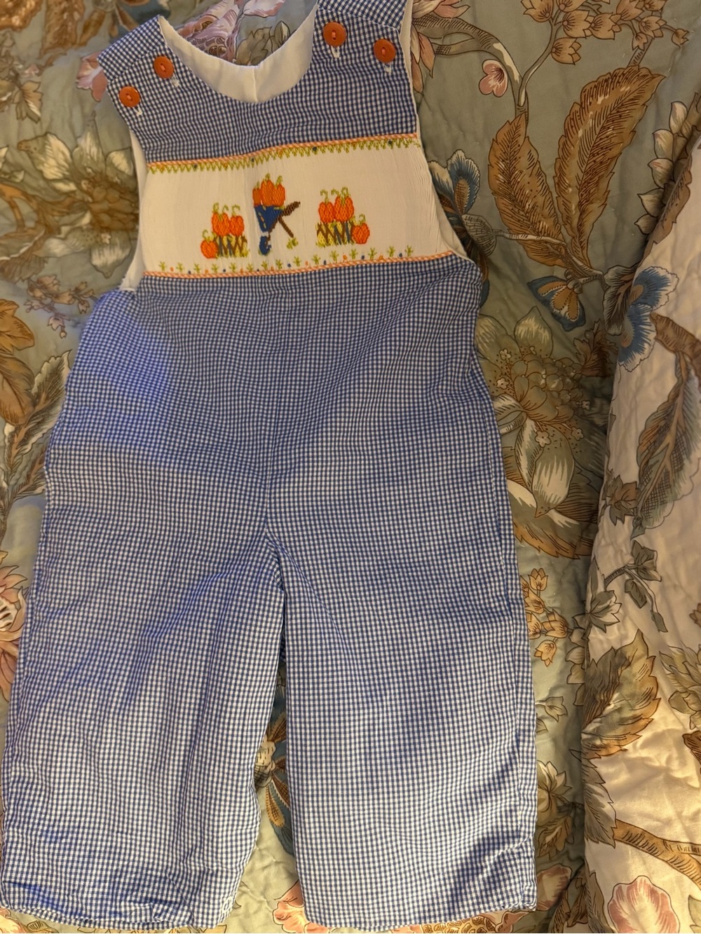 Blue and white plaid smocked Fall Romper